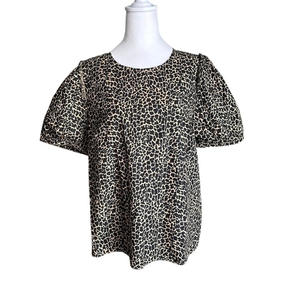J. CREW Leopard Print Poplin Short Puff Sleeve Crisp Animal Cheetah Size Large - Picture 3 of 17